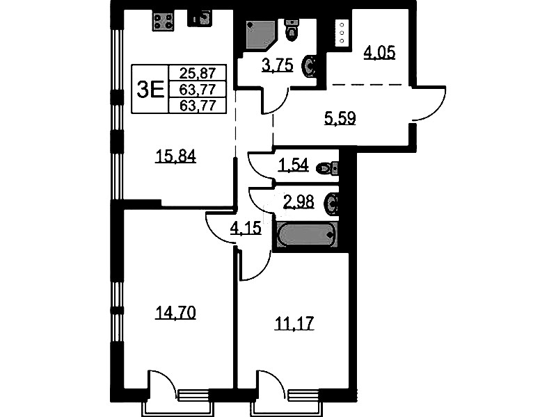 2-комнатная квартира 63.77 м², 16/17 эт., ЖК «Невская Долина»